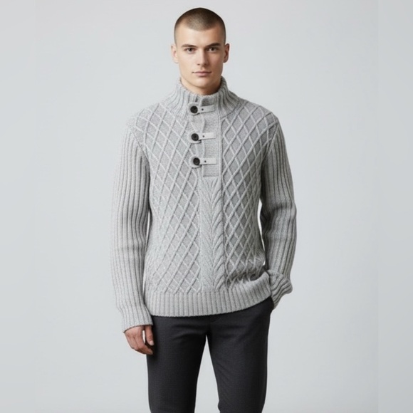 Estare Other - Estare Mens XI Gray White Diamond Cable Knit Wool Blend Toggle‎ Sweater MockNeck
